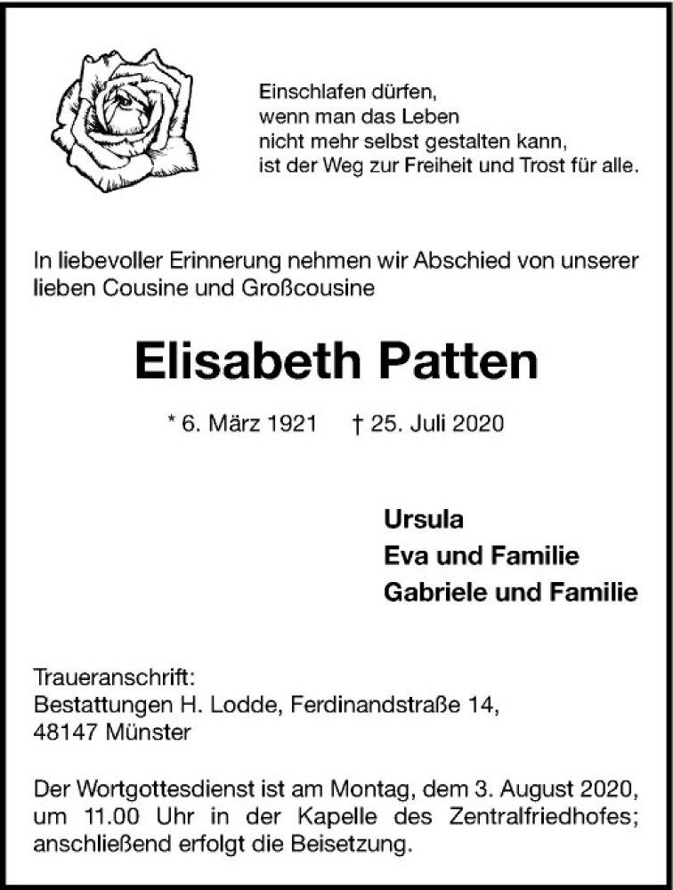  Traueranzeige für Elisabeth Patten vom 01.08.2020 aus Westfälische Nachrichten