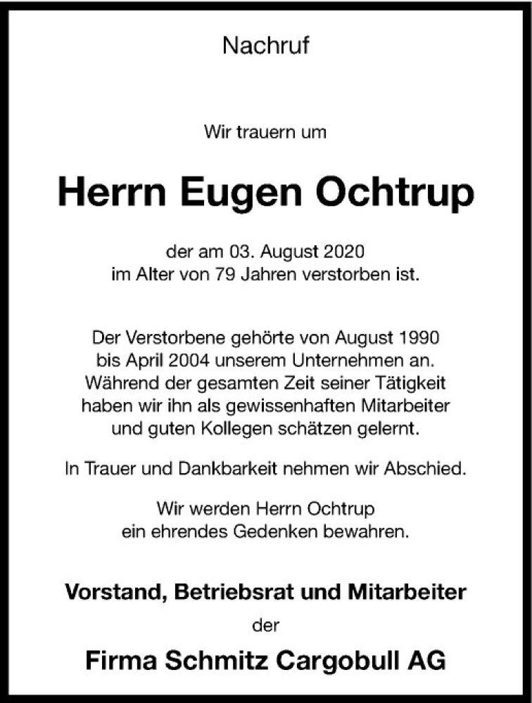  Traueranzeige für Eugen Ochtrup vom 07.08.2020 aus Westfälische Nachrichten