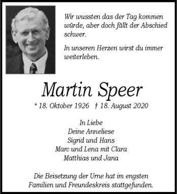 Anzeige von Martin Speer von Westfälische Nachrichten