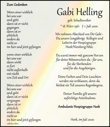 Anzeige von Gabi Helling von Westfälische Nachrichten