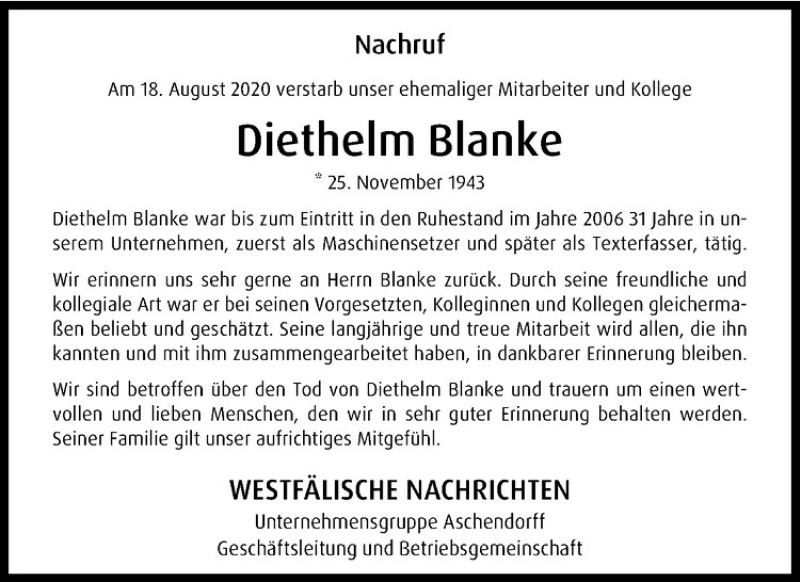  Traueranzeige für Diethelm Blanke vom 29.08.2020 aus Westfälische Nachrichten