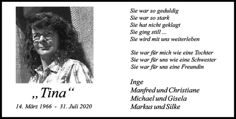  Traueranzeige für Tina Wiedehage vom 05.08.2020 aus Westfälische Nachrichten
