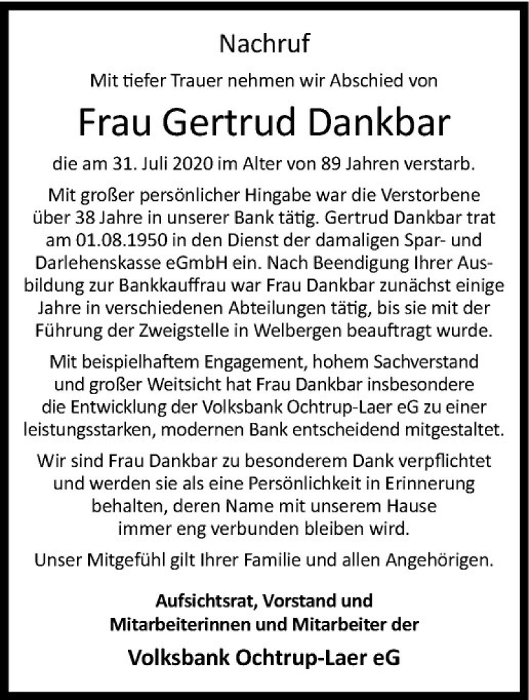  Traueranzeige für Gertrud Dankbar vom 08.08.2020 aus Westfälische Nachrichten