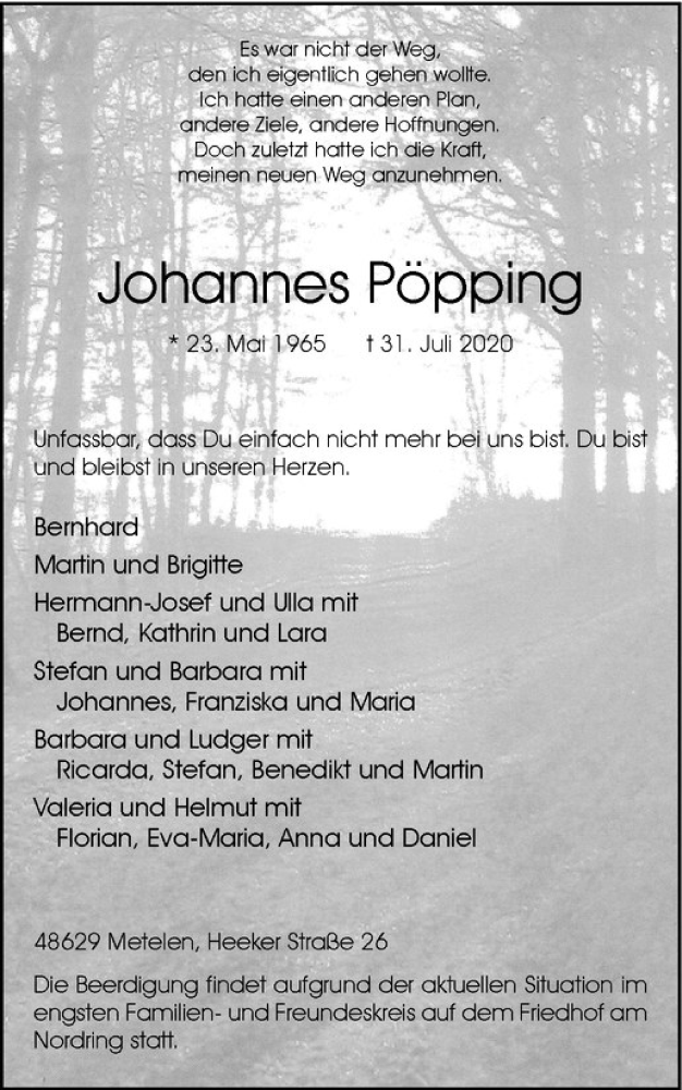  Traueranzeige für Johannes Pöpping vom 04.08.2020 aus Westfälische Nachrichten