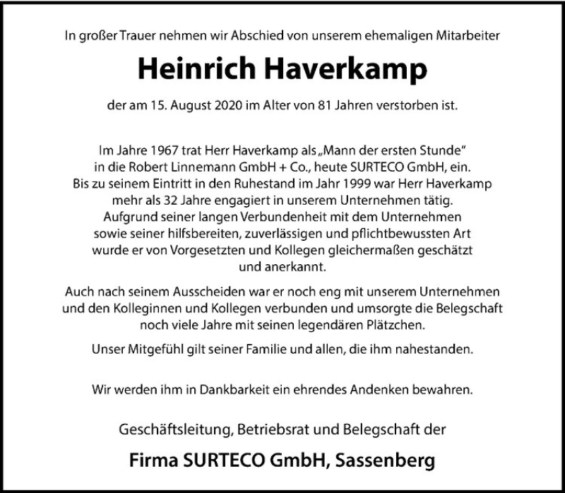  Traueranzeige für Heinrich Haverkamp vom 22.08.2020 aus Westfälische Nachrichten