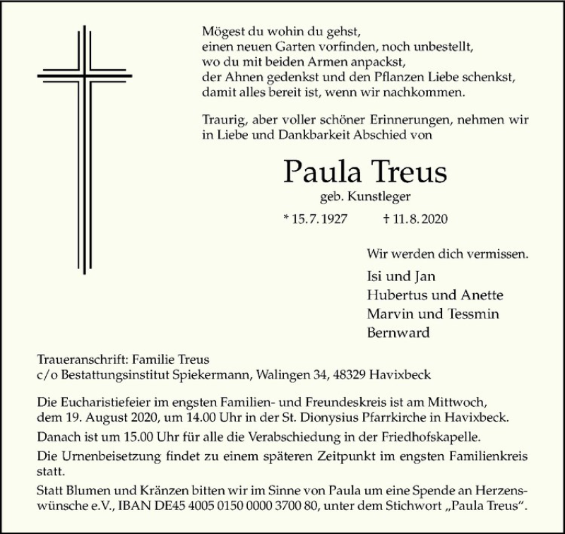  Traueranzeige für Paula Treus vom 15.08.2020 aus Westfälische Nachrichten