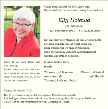 Anzeige von Elly Holewa von Westfälische Nachrichten