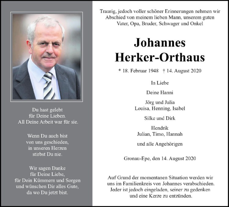  Traueranzeige für Johannes Herker-Orthaus vom 18.08.2020 aus Westfälische Nachrichten