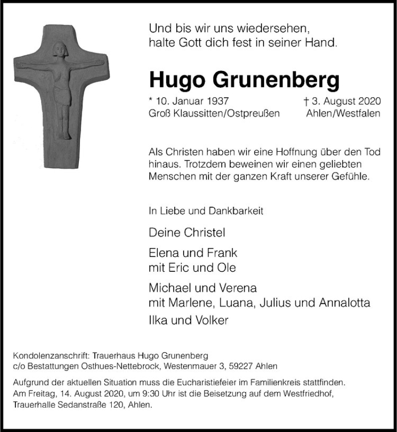  Traueranzeige für Hugo Grunenberg vom 11.08.2020 aus Westfälische Nachrichten