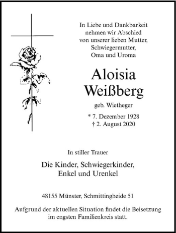 Anzeige von Aloisia Weißberg von Westfälische Nachrichten
