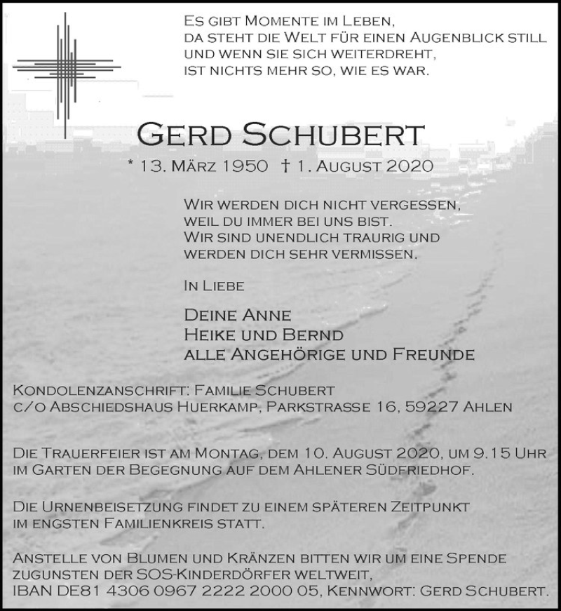  Traueranzeige für Gerd Schubert vom 05.08.2020 aus Westfälische Nachrichten