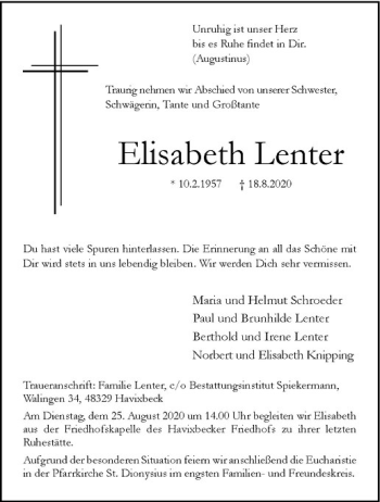 Anzeige von Elisabeth Lenter von Westfälische Nachrichten