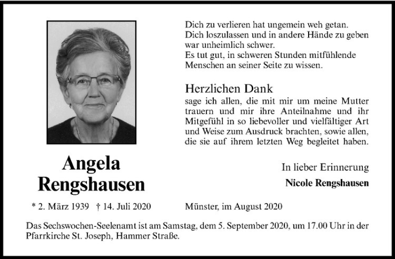  Traueranzeige für Angela Rengshausen vom 29.08.2020 aus Westfälische Nachrichten