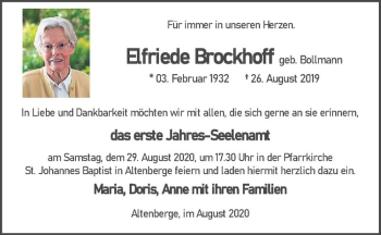 Anzeige von Elfriede Brockhoff von Westfälische Nachrichten