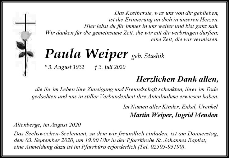  Traueranzeige für Paula Weiper vom 29.08.2020 aus Westfälische Nachrichten