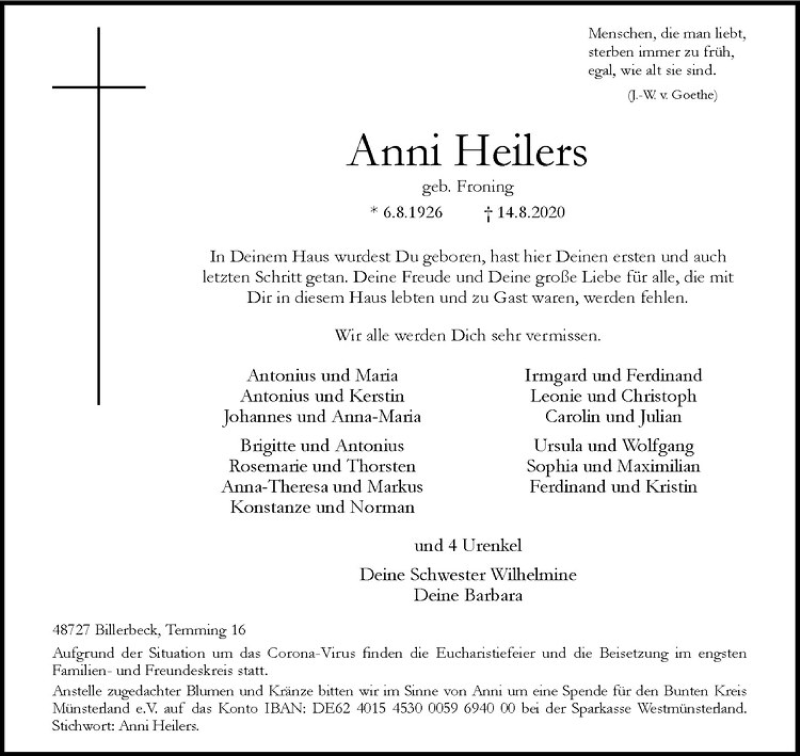  Traueranzeige für Anni Heilers vom 19.08.2020 aus Westfälische Nachrichten