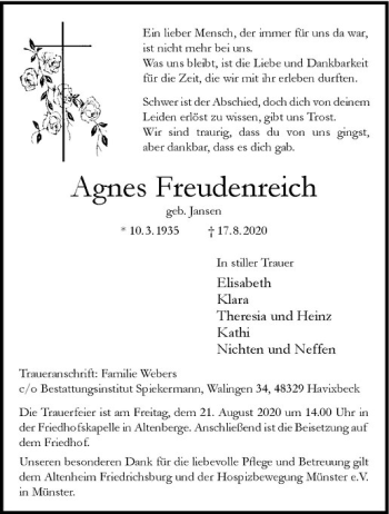 Anzeige von Agnes Freudenreich von Westfälische Nachrichten