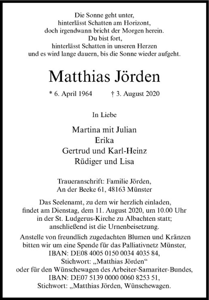  Traueranzeige für Matthias Jörden vom 08.08.2020 aus Westfälische Nachrichten
