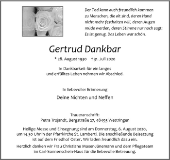 Anzeige von Gertrud Dankbar von Westfälische Nachrichten