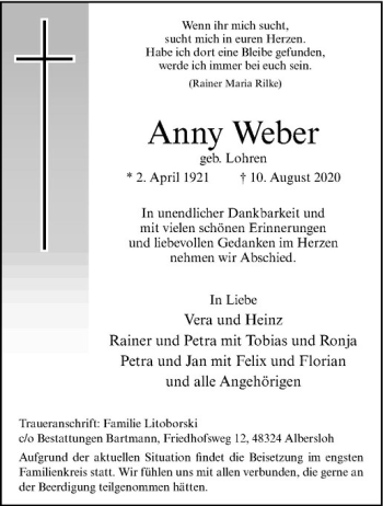Anzeige von Anny Weber von Westfälische Nachrichten
