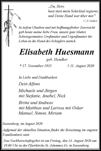 Anzeige von Elisabeth Huesmann von Westfälische Nachrichten