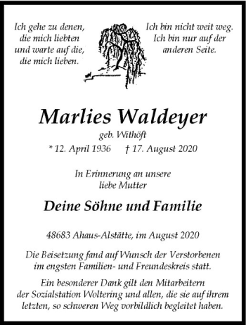 Anzeige von Marlies Waldeyer von Westfälische Nachrichten