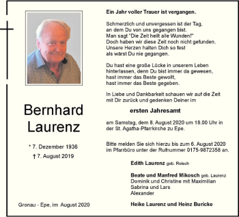 Anzeige von Bernhard Laurenz von Westfälische Nachrichten