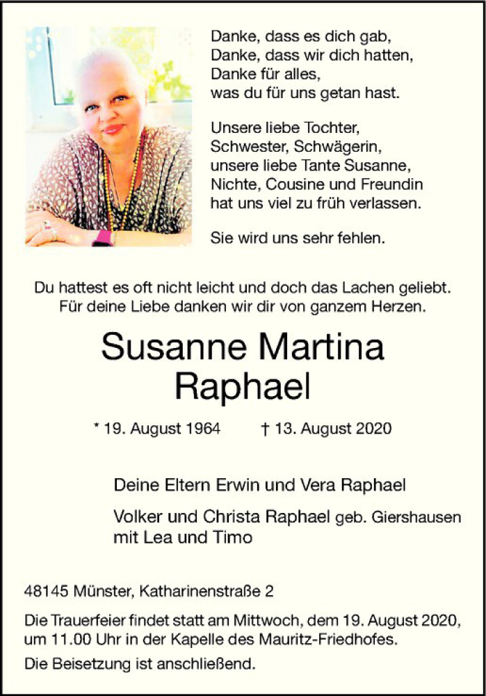  Traueranzeige für Susanne Martina Raphael vom 18.08.2020 aus Westfälische Nachrichten