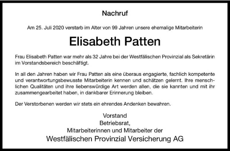  Traueranzeige für Elisabeth Patten vom 05.08.2020 aus Westfälische Nachrichten