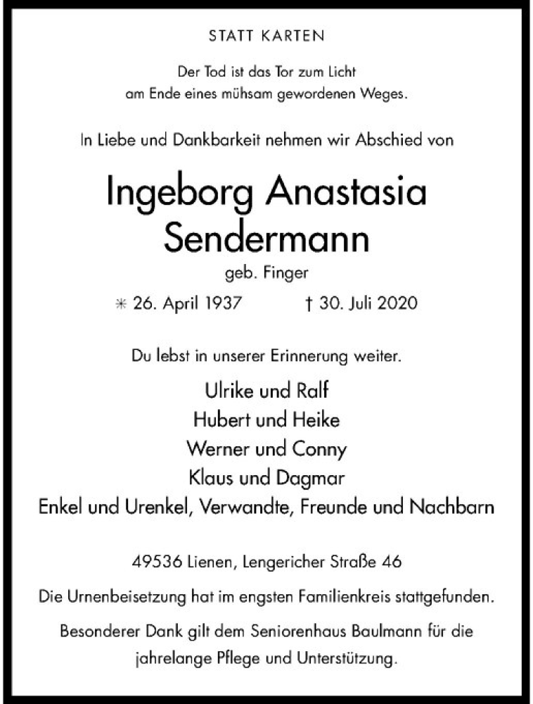  Traueranzeige für Ingeborg Anastasia Sendermannn vom 19.08.2020 aus Westfälische Nachrichten
