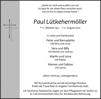 Anzeige von Paul Lütkehermöller von Westfälische Nachrichten