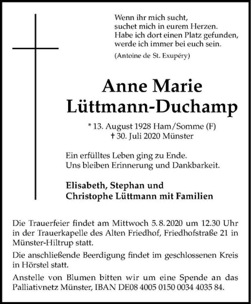  Traueranzeige für Anne Marie Lüttmann-Duchamp vom 03.08.2020 aus Westfälische Nachrichten