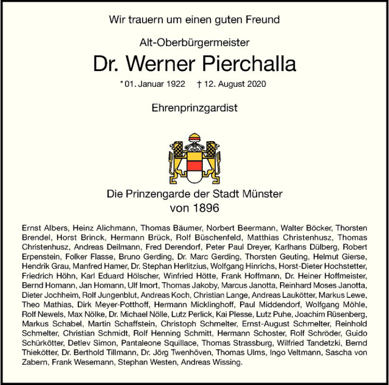  Traueranzeige für Werner Pierchalla vom 15.08.2020 aus Westfälische Nachrichten