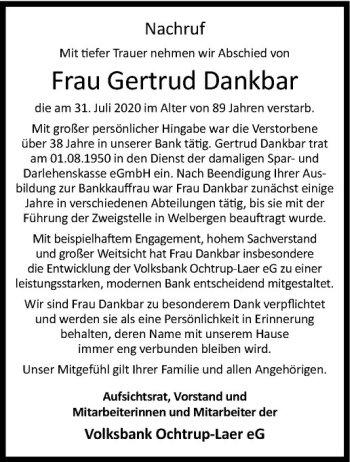 Anzeige von Gertrud Dankbar von Westfälische Nachrichten