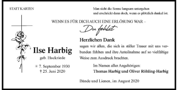 Anzeige von Ilse Harbig von Westfälische Nachrichten