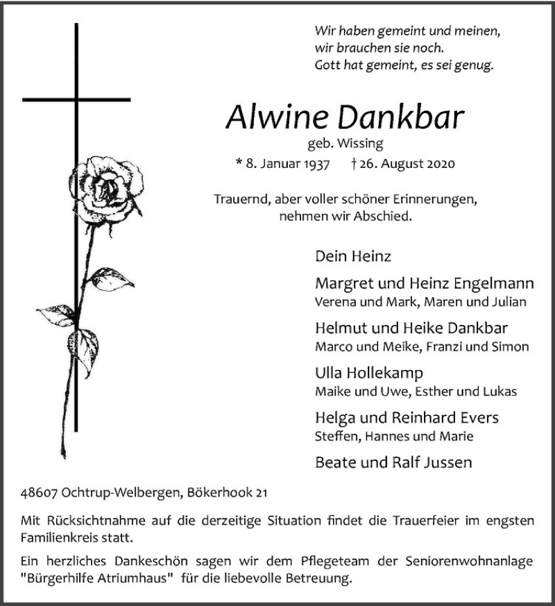  Traueranzeige für Alwine Dankbar vom 29.08.2020 aus Westfälische Nachrichten