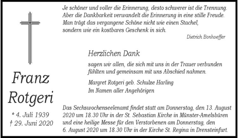  Traueranzeige für Franz Rotgeri vom 08.08.2020 aus Westfälische Nachrichten