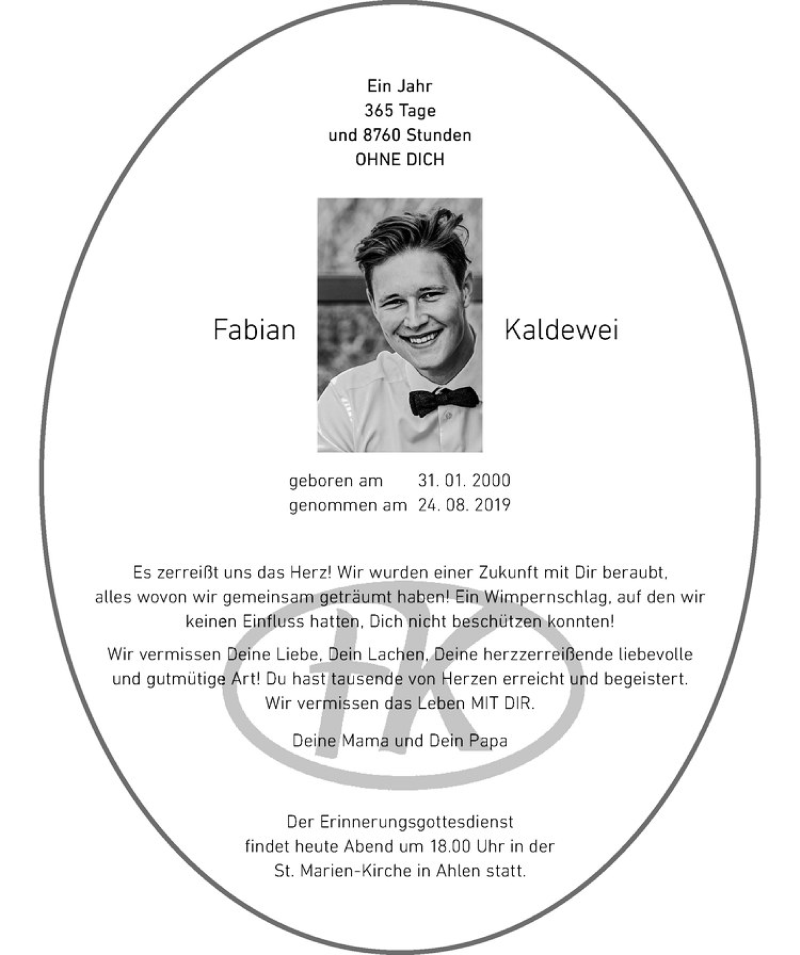  Traueranzeige für Fabian Kaldewei vom 24.08.2020 aus Westfälische Nachrichten