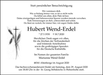 Anzeige von Hubert Wend-Erdel von Westfälische Nachrichten