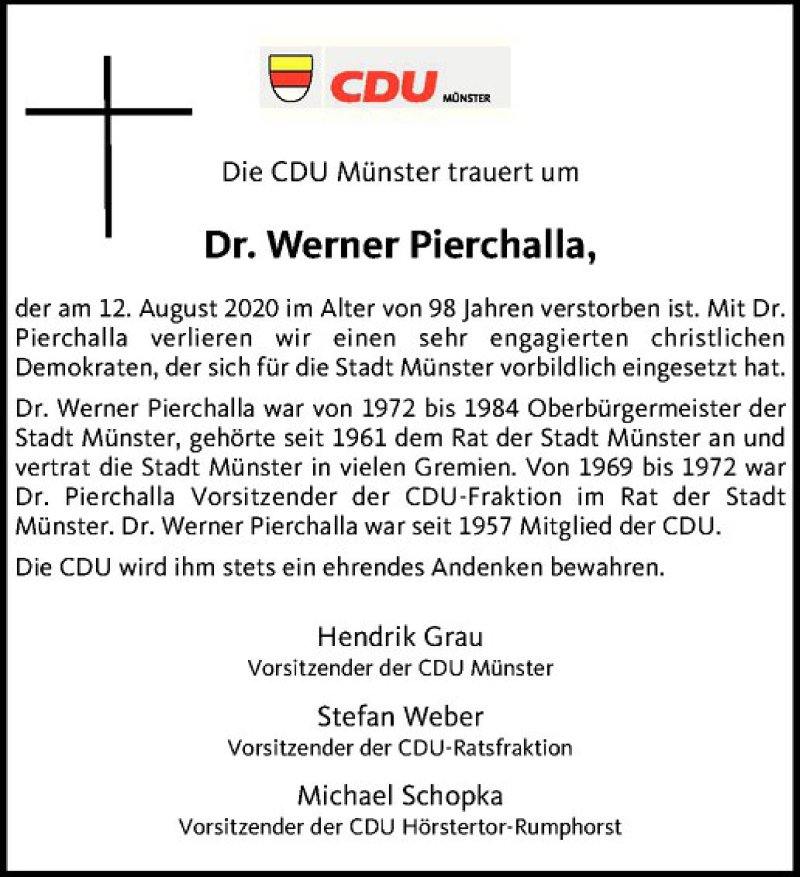  Traueranzeige für Werner Pierchalla vom 15.08.2020 aus Westfälische Nachrichten