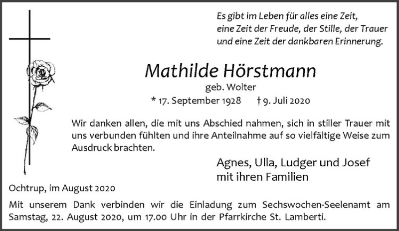  Traueranzeige für Mathilde Hörstmann vom 19.08.2020 aus Westfälische Nachrichten