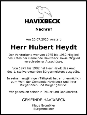 Anzeige von Hubert Heydt von Westfälische Nachrichten