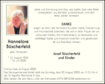 Anzeige von Hannelore Büscherfeld von Westfälische Nachrichten