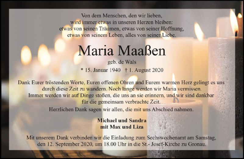  Traueranzeige für Maria Maaßen vom 29.08.2020 aus Westfälische Nachrichten