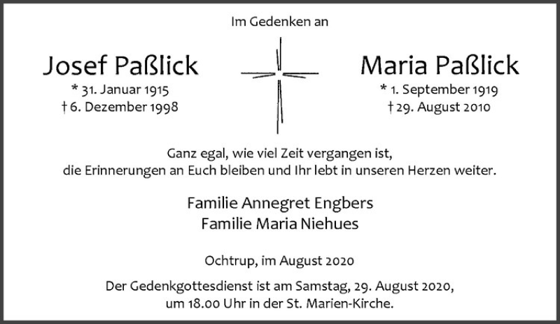  Traueranzeige für Maria Paßlick vom 27.08.2020 aus Westfälische Nachrichten