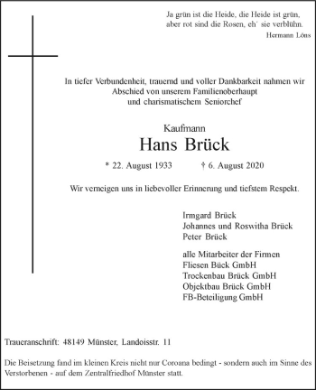 Anzeige von Hans Brück von Westfälische Nachrichten