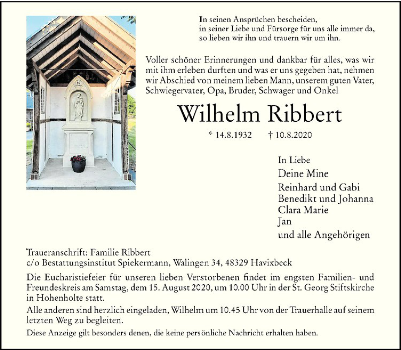  Traueranzeige für Wilhelm Ribbert vom 12.08.2020 aus Westfälische Nachrichten