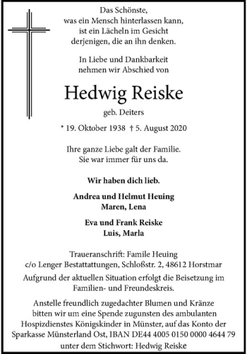 Anzeige von Hedwig Reiske von Westfälische Nachrichten