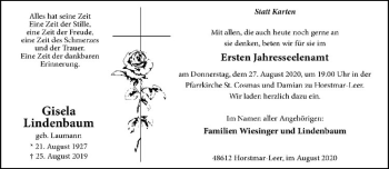 Anzeige von Gisela Lindenbaum von Westfälische Nachrichten