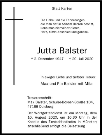 Anzeige von Jutta Balster von Westfälische Nachrichten
